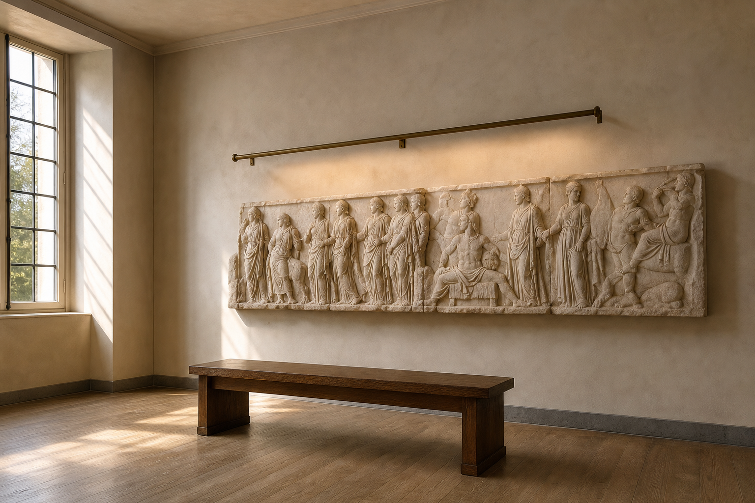The Aether Frieze gallery room — a classical marble frieze on a warm plaster wall in morning light