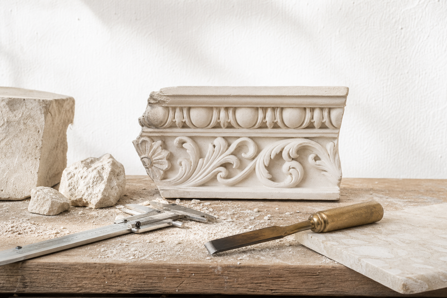 The atelier workbench — marble dust, calipers, a bronze chisel and a small plaster cast of a frieze fragment in soft light.